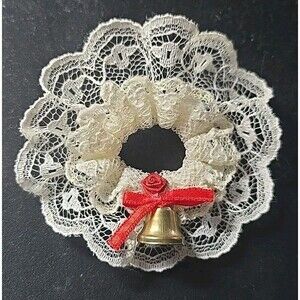 Vintage 1970s? Lace Christmas Tree Ornament Wreath With Tiny Rose, Bow, & Bell
